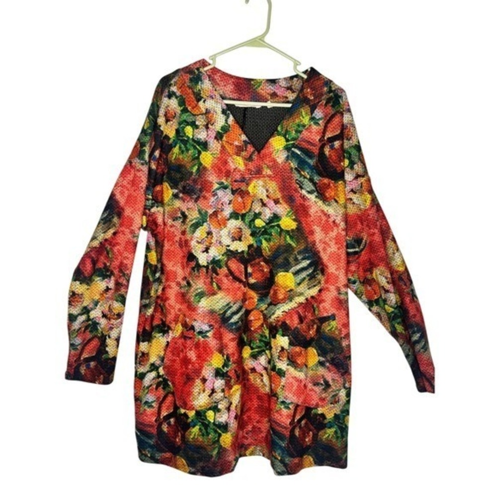 Soft Surroundings Womens Textured Floral Fruit Tunic Top 2X Long Sleeve V Neck